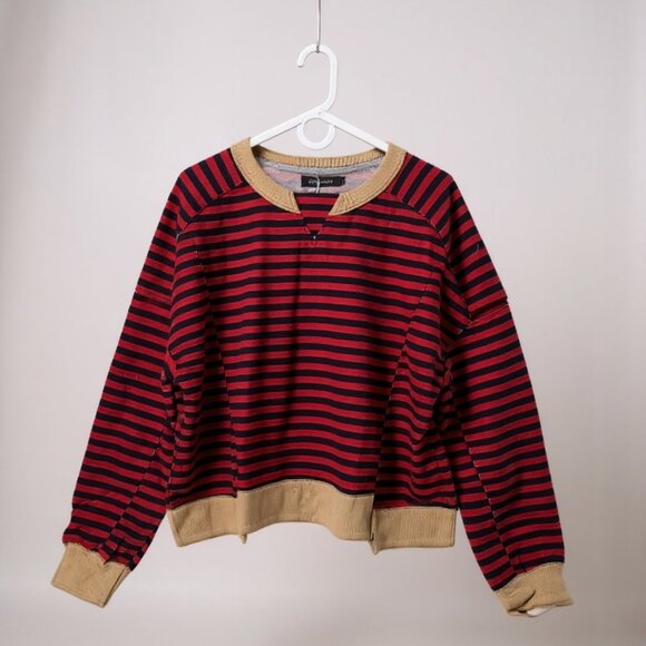 Merokeety Women Pullover Sweatshirt Large Red And Blue Stripe Relaxed Fit V-Neck - Picture 2 of 8